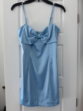 Light Blue Satin Mini Dress with Bow Front